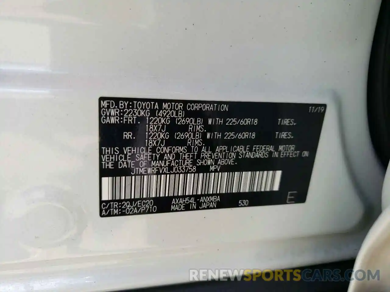 10 Photograph of a damaged car JTMEWRFVXLJ033758 TOYOTA RAV4 2020