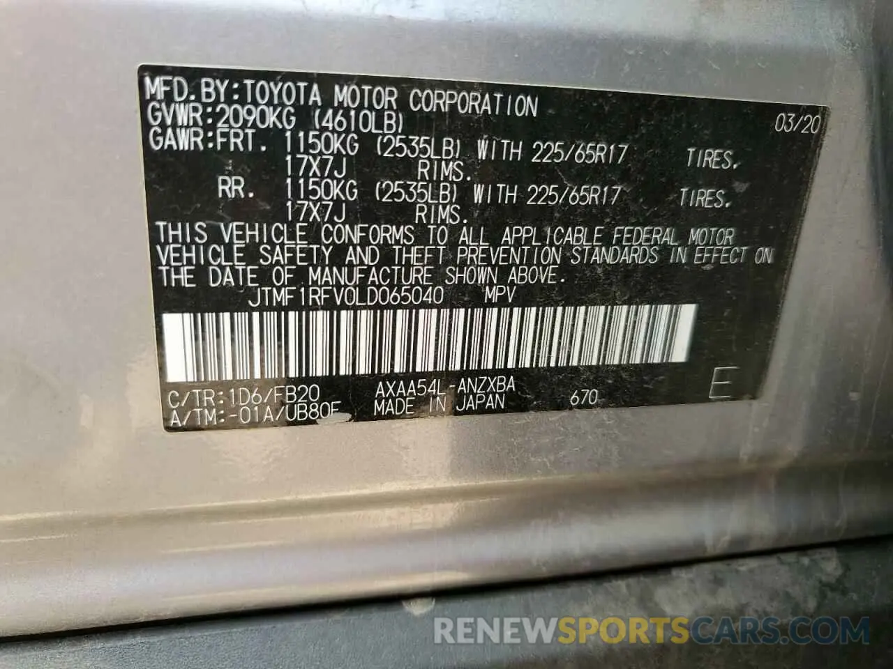 13 Photograph of a damaged car JTMF1RFV0LD065040 TOYOTA RAV4 2020