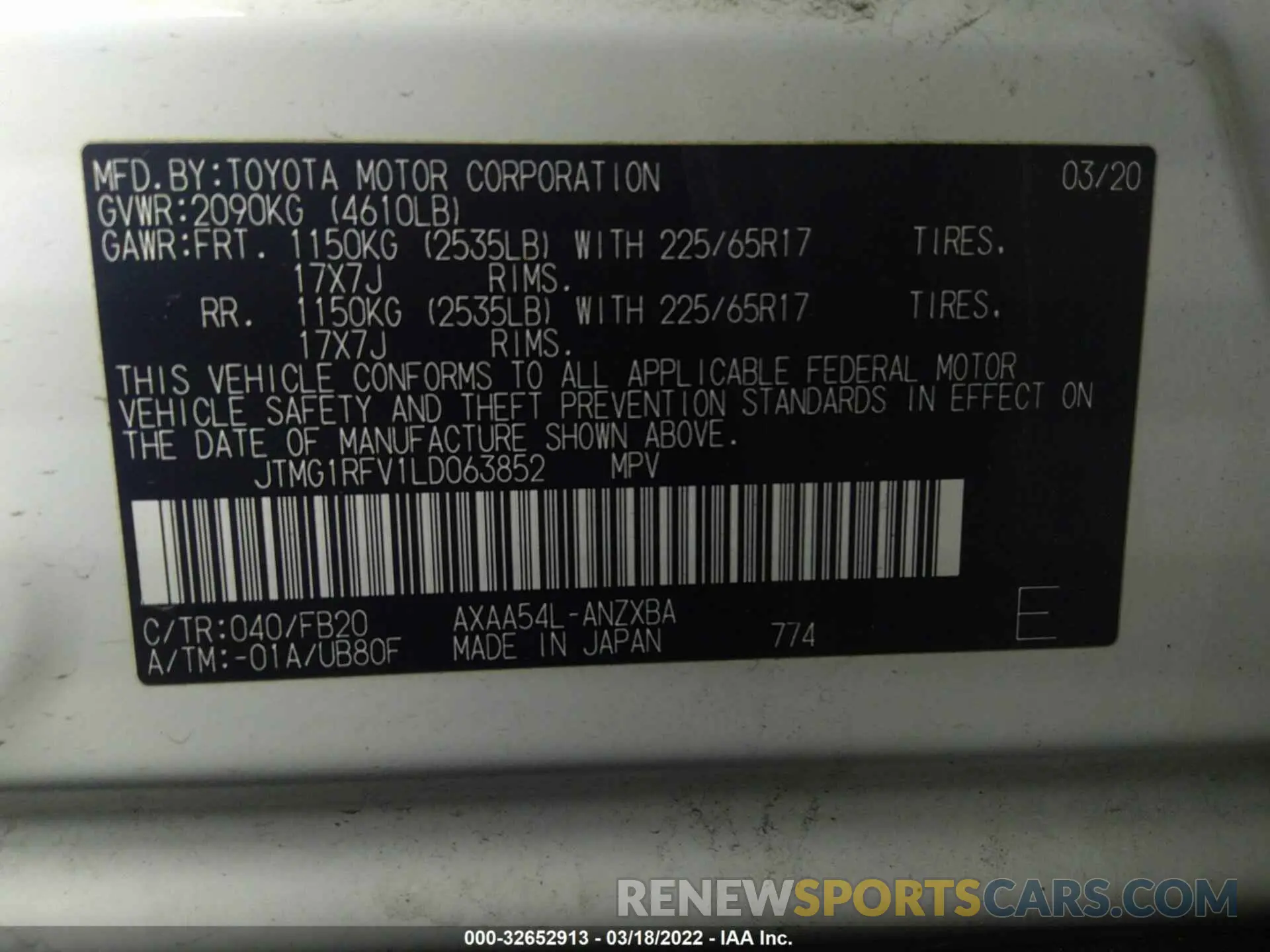 9 Photograph of a damaged car JTMG1RFV1LD063852 TOYOTA RAV4 2020