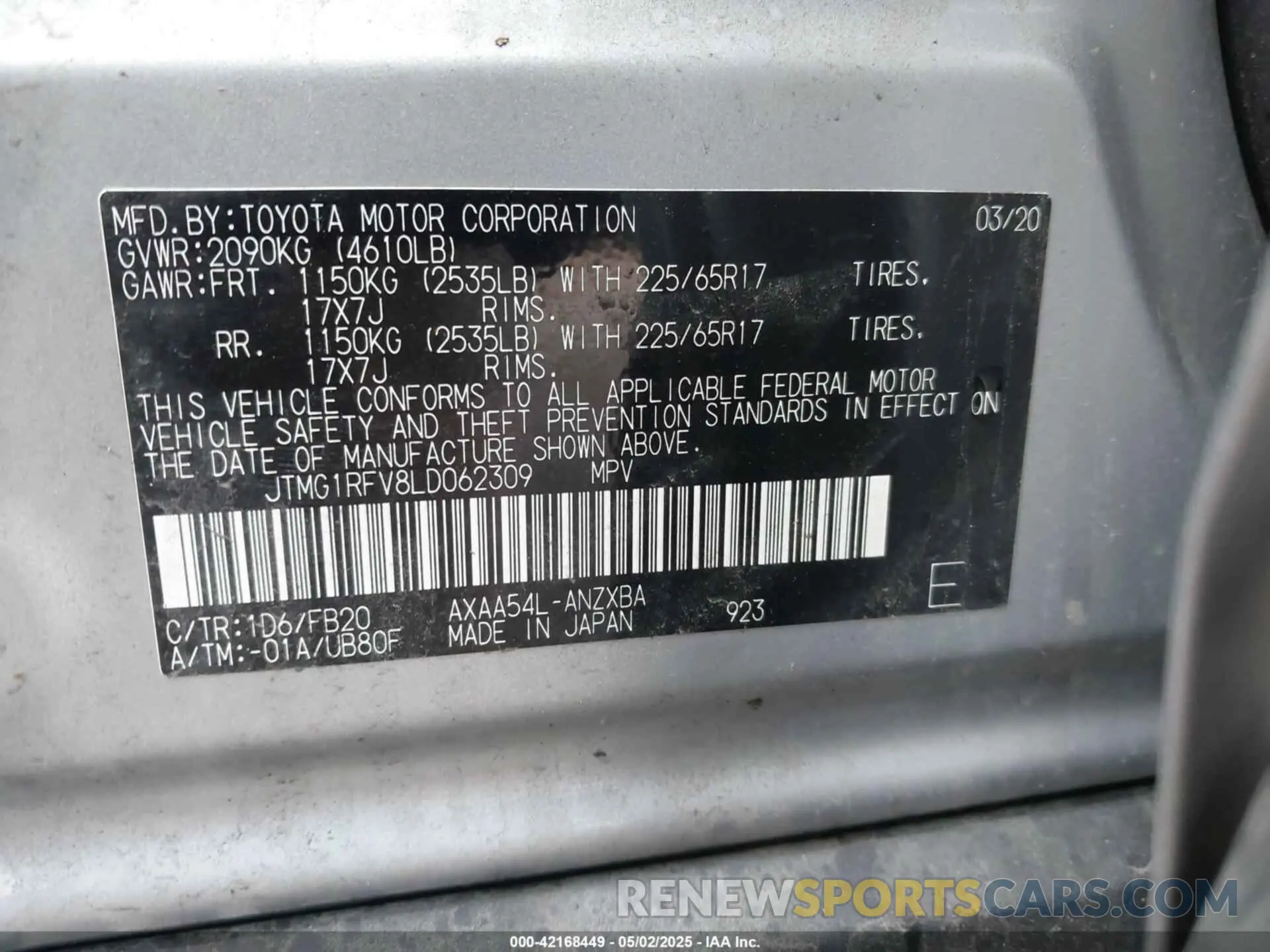 9 Photograph of a damaged car JTMG1RFV8LD062309 TOYOTA RAV4 2020