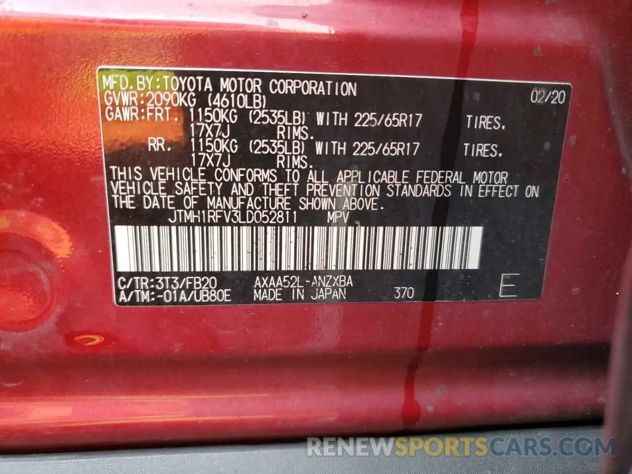 13 Photograph of a damaged car JTMH1RFV3LD052811 TOYOTA RAV4 2020
