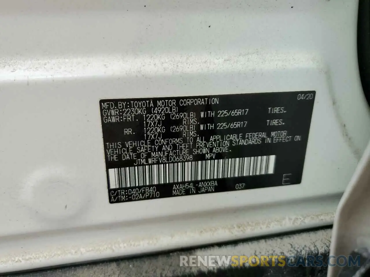 14 Photograph of a damaged car JTMLWRFV8LD068398 TOYOTA RAV4 2020