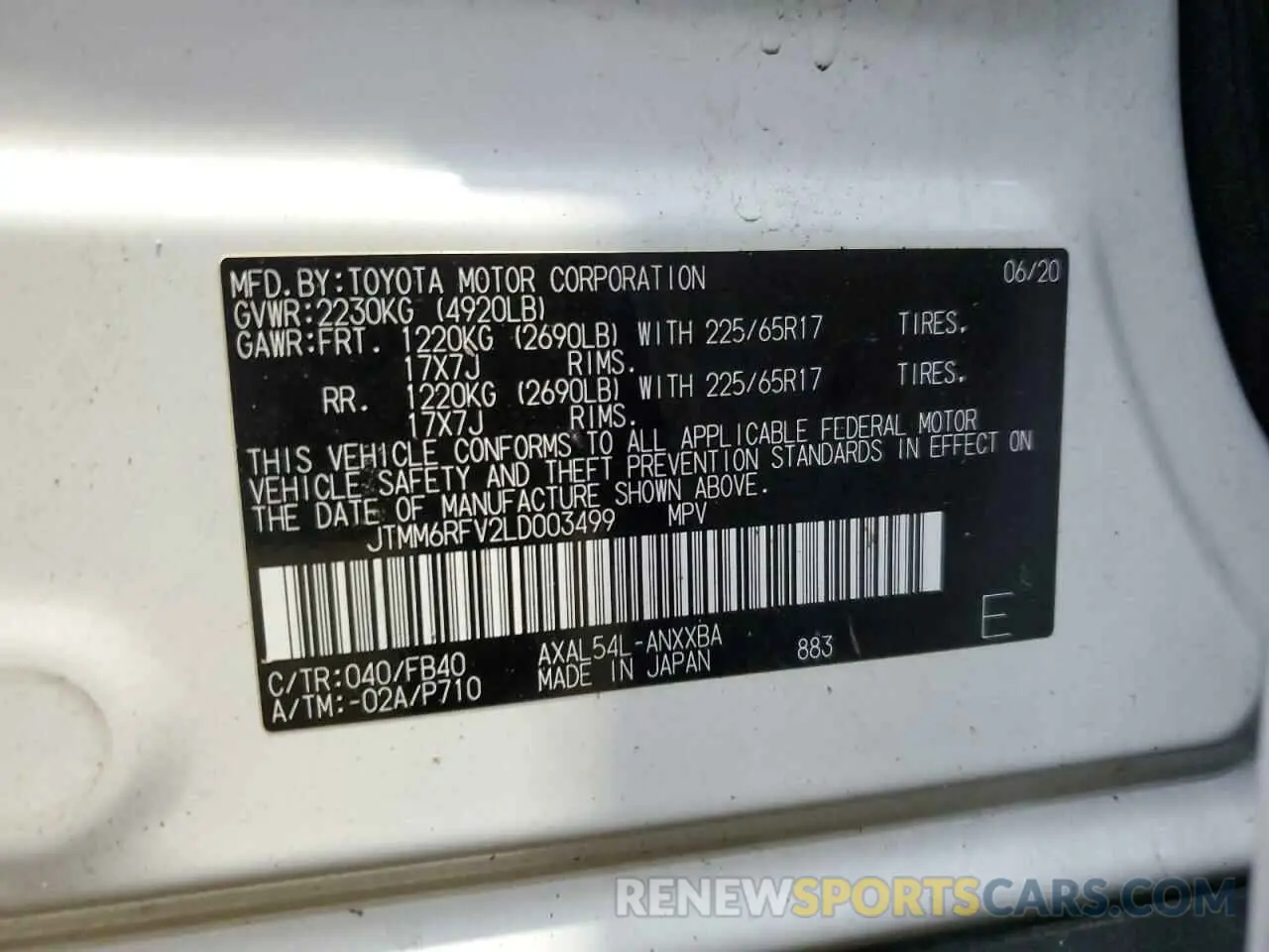 13 Photograph of a damaged car JTMM6RFV2LD003499 TOYOTA RAV4 2020