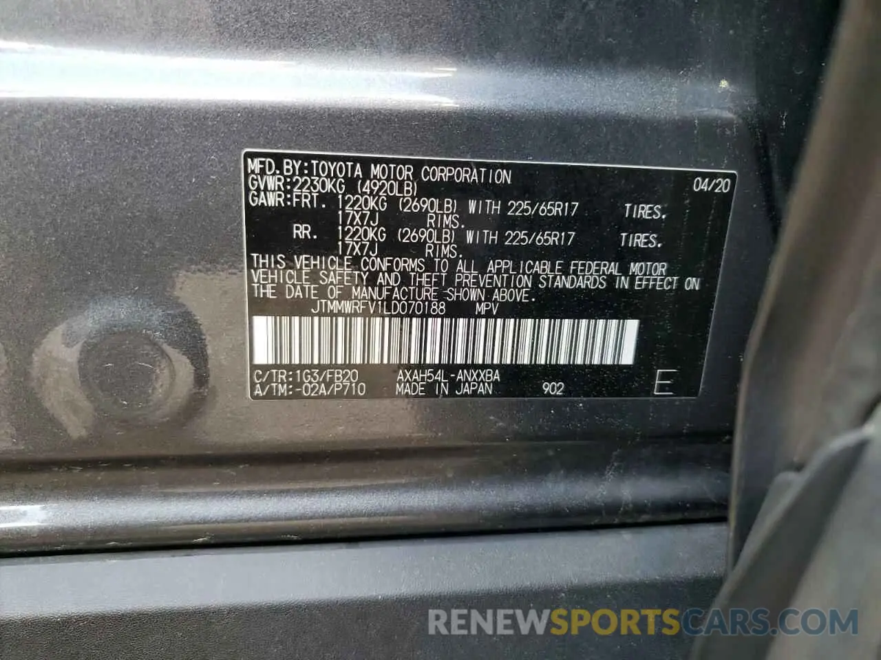 13 Photograph of a damaged car JTMMWRFV1LD070188 TOYOTA RAV4 2020