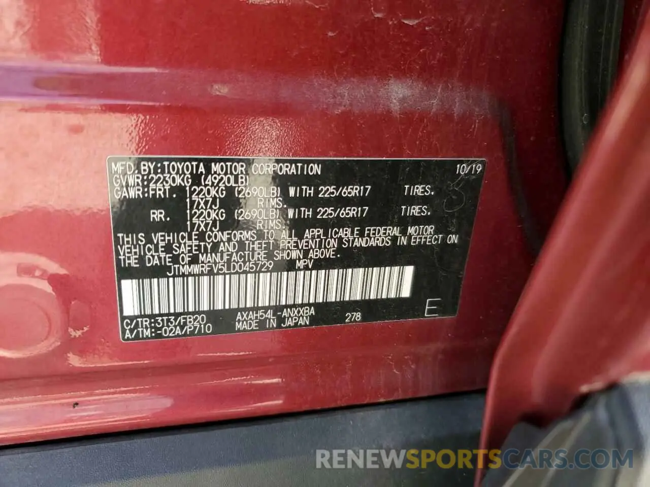 13 Photograph of a damaged car JTMMWRFV5LD045729 TOYOTA RAV4 2020