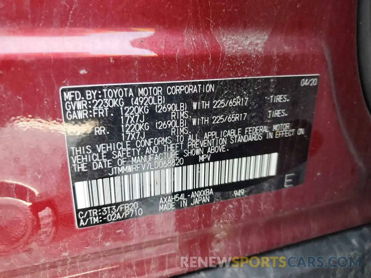 13 Photograph of a damaged car JTMMWRFV7LD068820 TOYOTA RAV4 2020