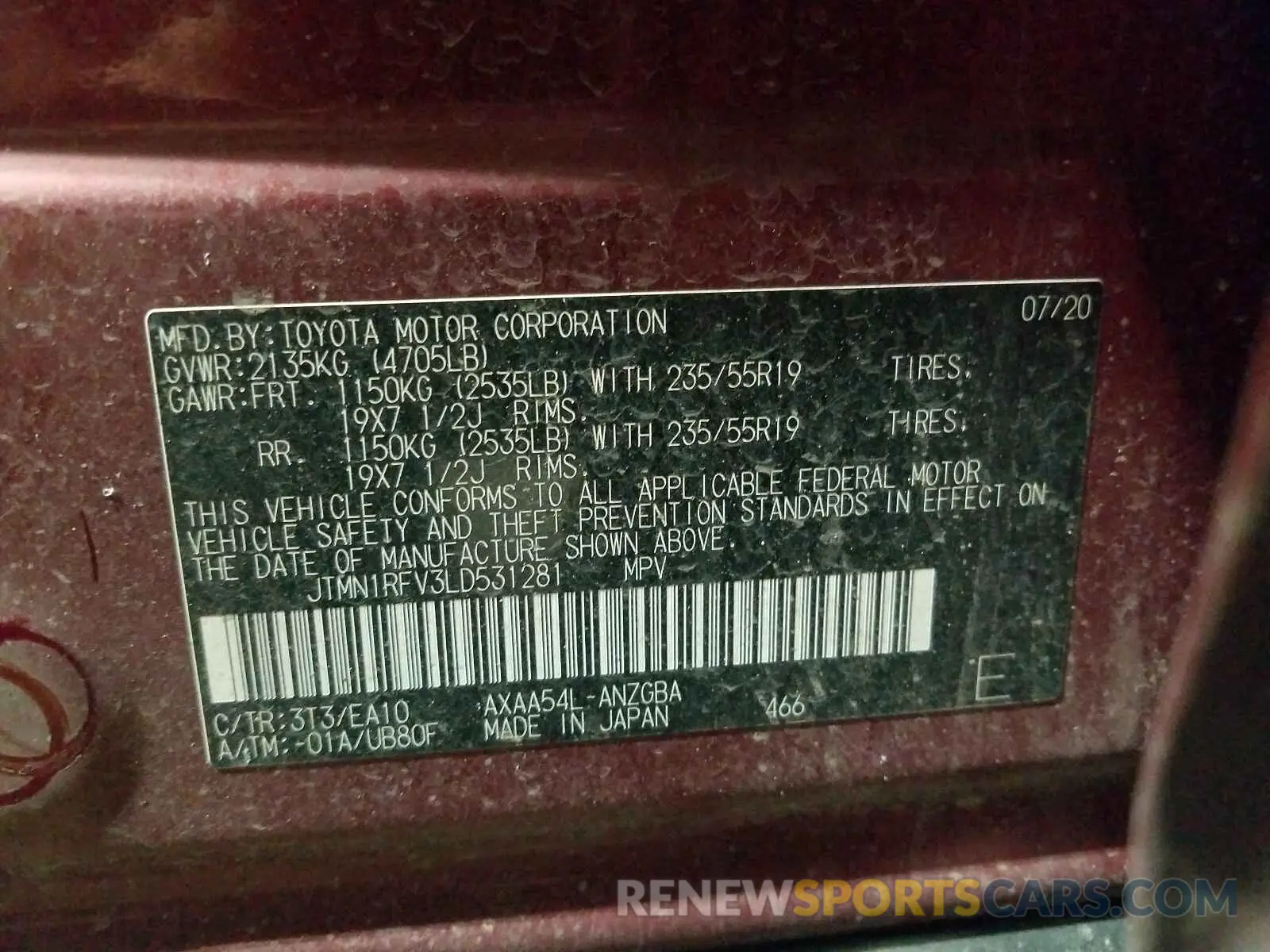 10 Photograph of a damaged car JTMN1RFV3LD531281 TOYOTA RAV4 2020