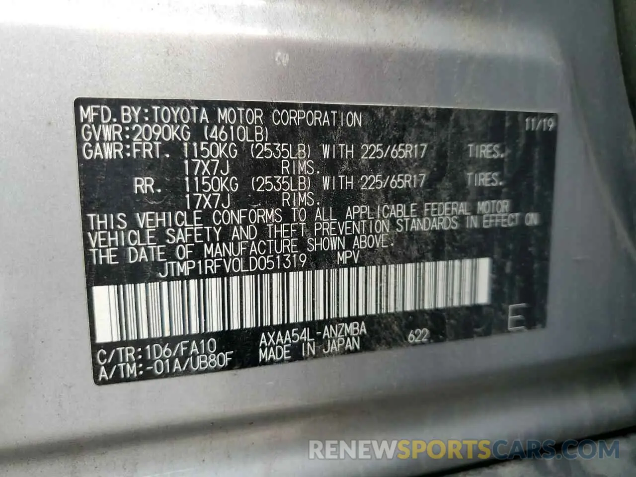 13 Photograph of a damaged car JTMP1RFV0LD051319 TOYOTA RAV4 2020