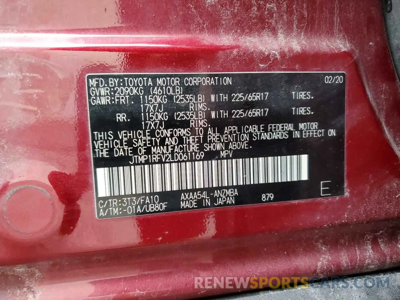 14 Photograph of a damaged car JTMP1RFV2LD061169 TOYOTA RAV4 2020