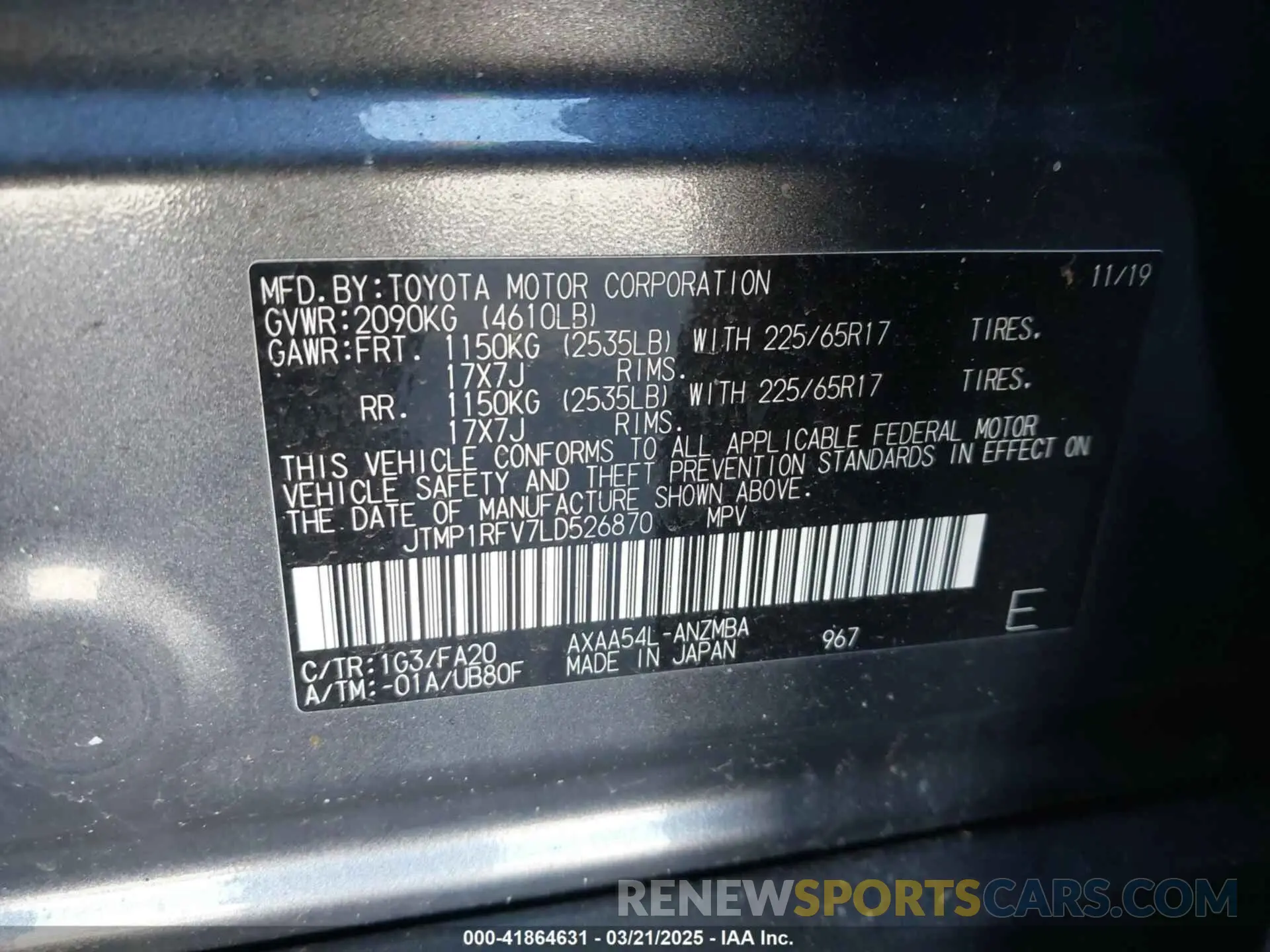 9 Photograph of a damaged car JTMP1RFV7LD526870 TOYOTA RAV4 2020