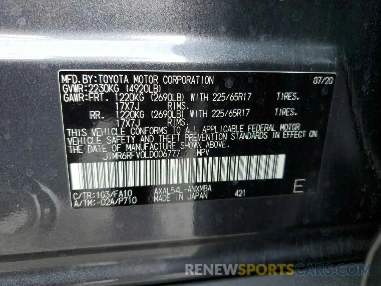 14 Photograph of a damaged car JTMR6RFV0LD006777 TOYOTA RAV4 2020