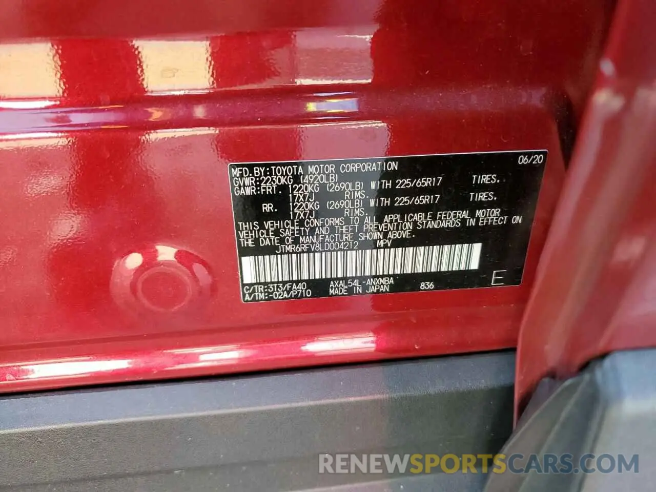 13 Photograph of a damaged car JTMR6RFV8LD004212 TOYOTA RAV4 2020