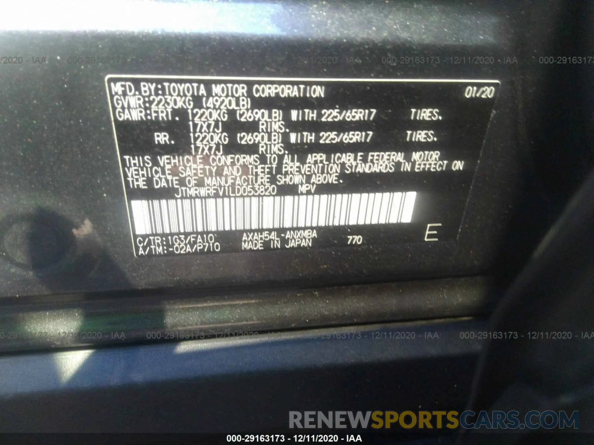 9 Photograph of a damaged car JTMRWRFV1LD053820 TOYOTA RAV4 2020