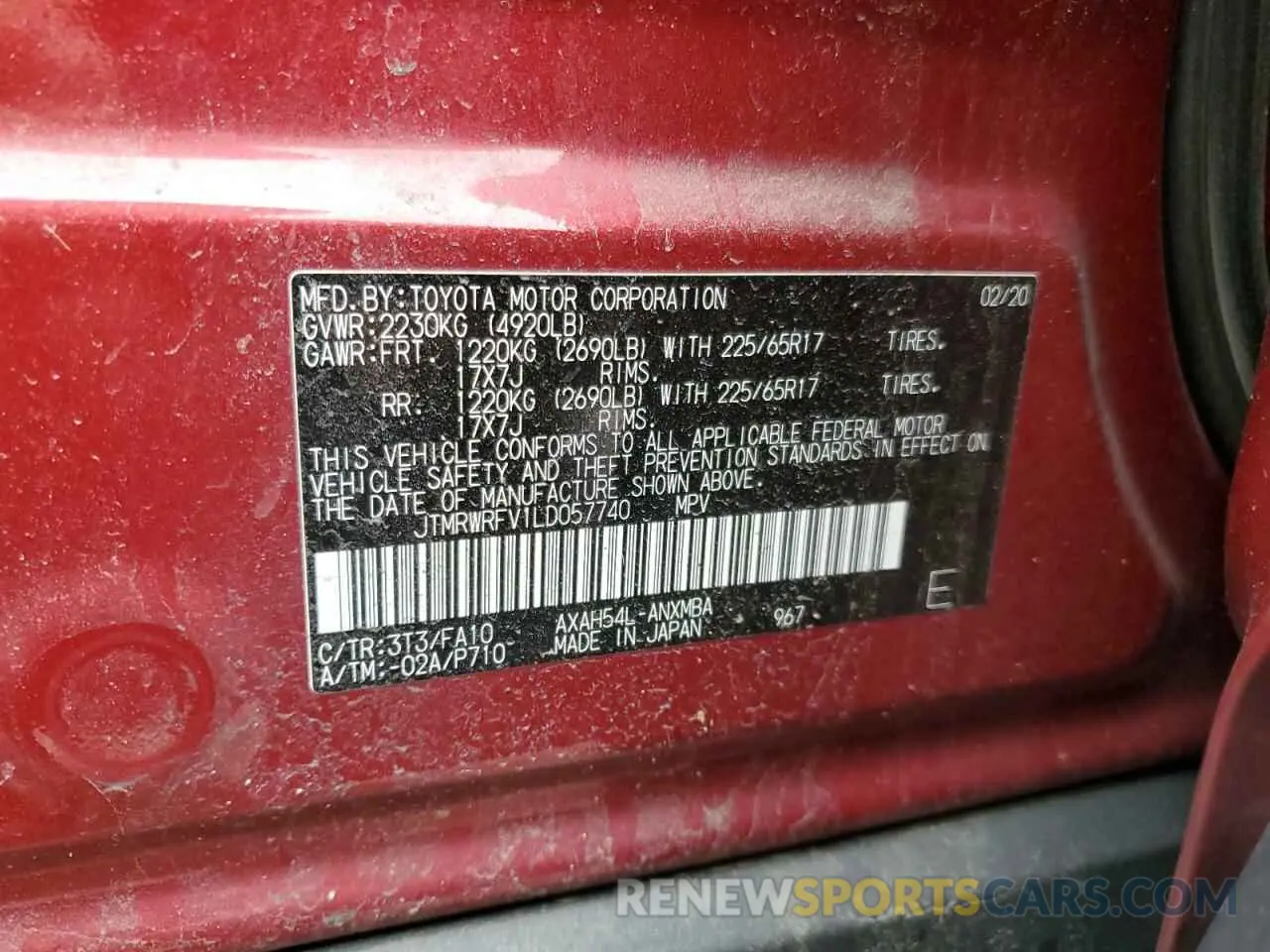 16 Photograph of a damaged car JTMRWRFV1LD057740 TOYOTA RAV4 2020