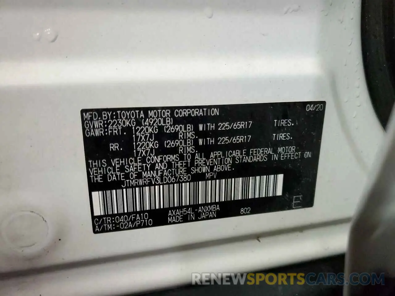 10 Photograph of a damaged car JTMRWRFV3LD067380 TOYOTA RAV4 2020