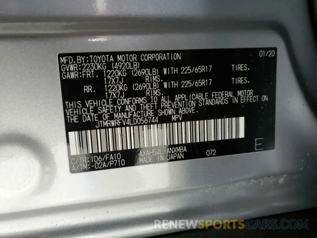 14 Photograph of a damaged car JTMRWRFV4LD056744 TOYOTA RAV4 2020