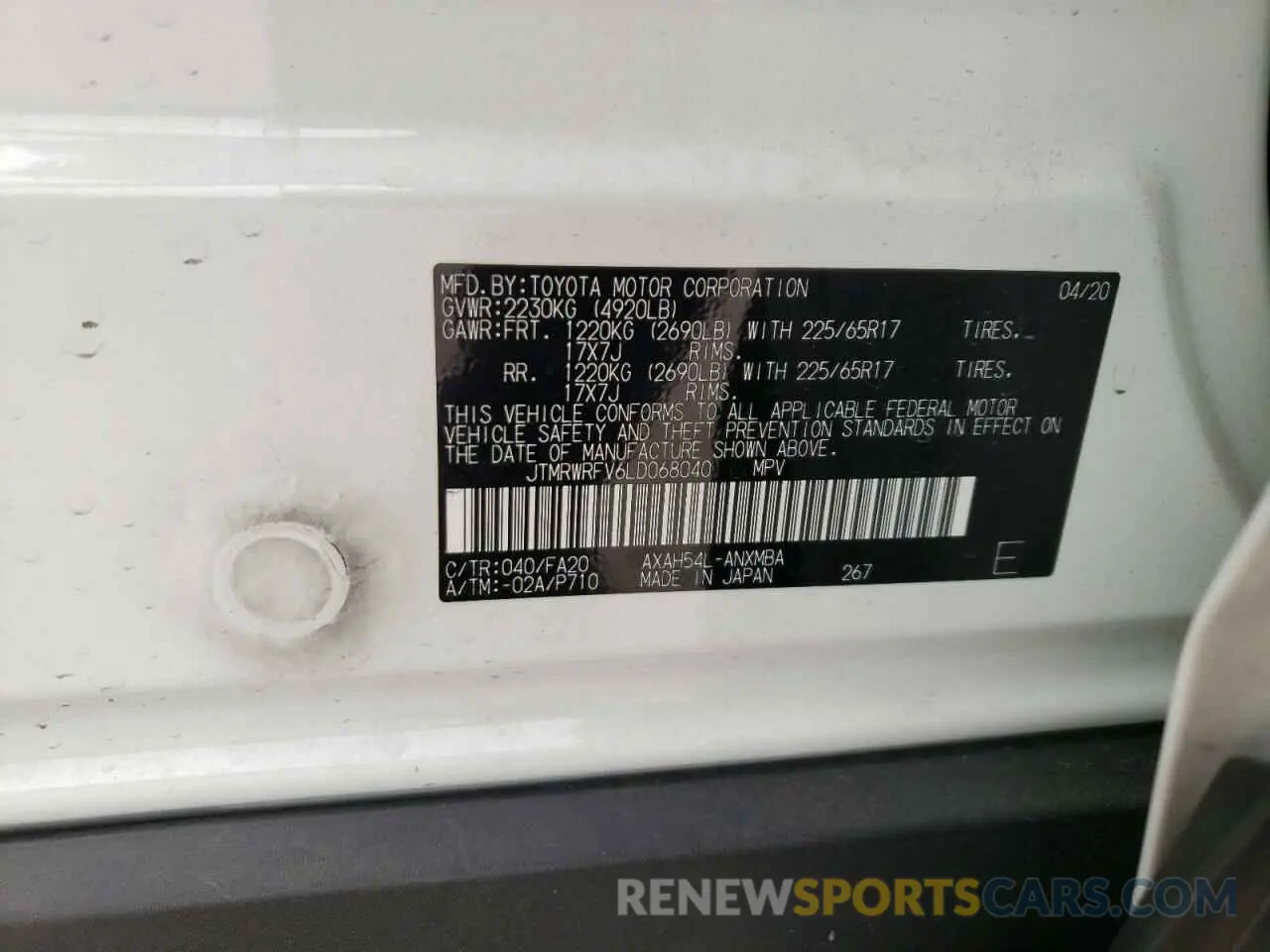 10 Photograph of a damaged car JTMRWRFV6LD068040 TOYOTA RAV4 2020