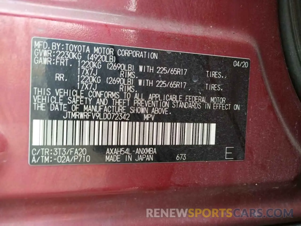 13 Photograph of a damaged car JTMRWRFV9LD072342 TOYOTA RAV4 2020