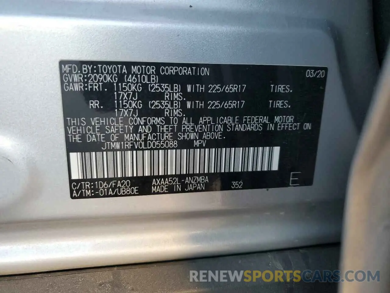 14 Photograph of a damaged car JTMW1RFV0LD055088 TOYOTA RAV4 2020