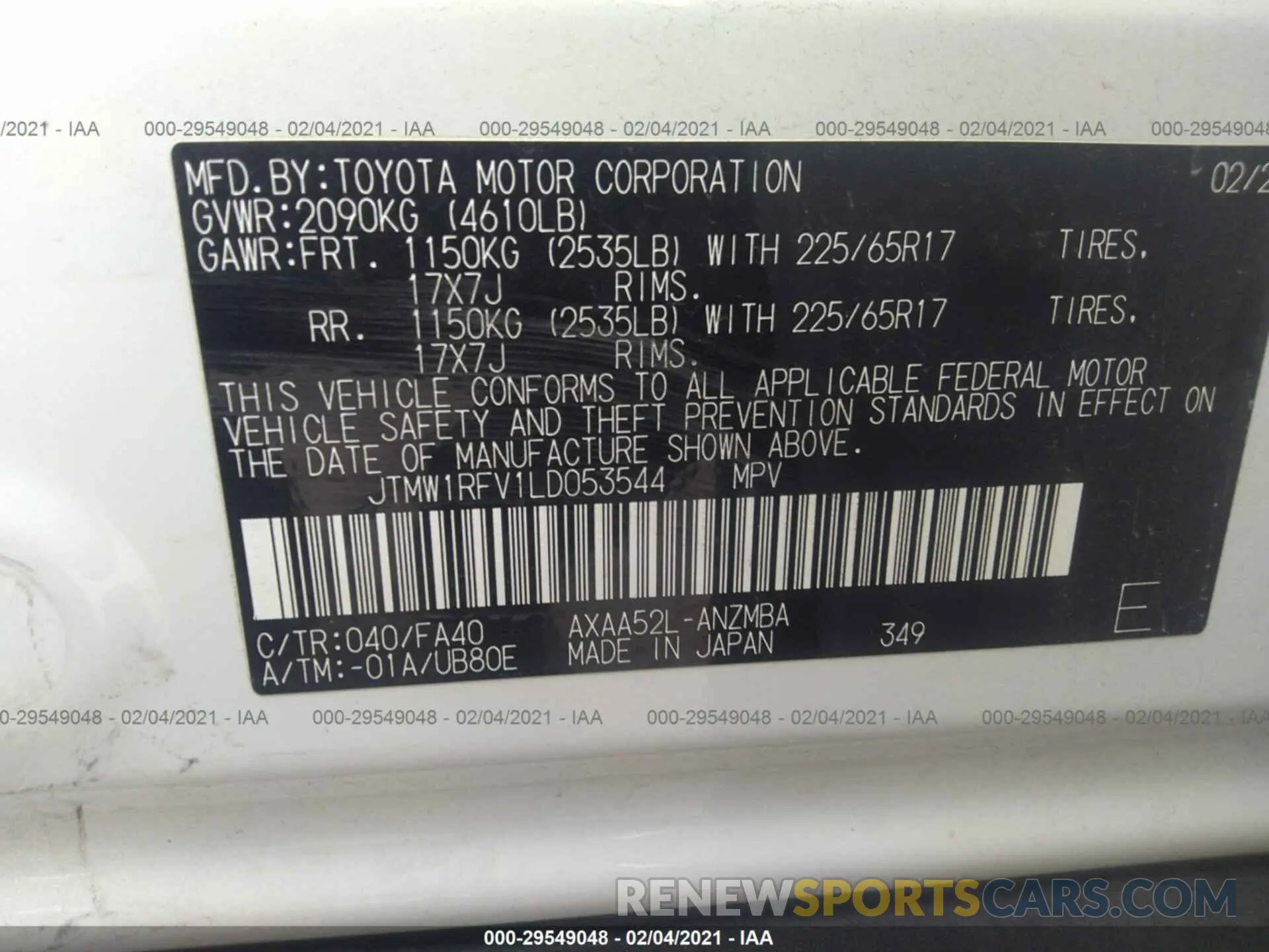 9 Photograph of a damaged car JTMW1RFV1LD053544 TOYOTA RAV4 2020