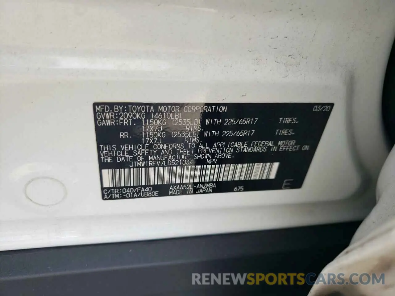 13 Photograph of a damaged car JTMW1RFV7LD521034 TOYOTA RAV4 2020