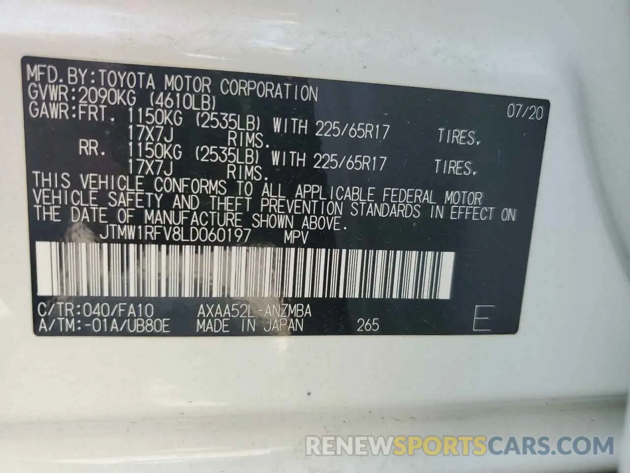 12 Photograph of a damaged car JTMW1RFV8LD060197 TOYOTA RAV4 2020