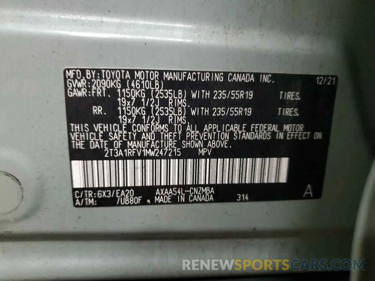 13 Photograph of a damaged car 2T3A1RFV1MW247215 TOYOTA RAV4 2021