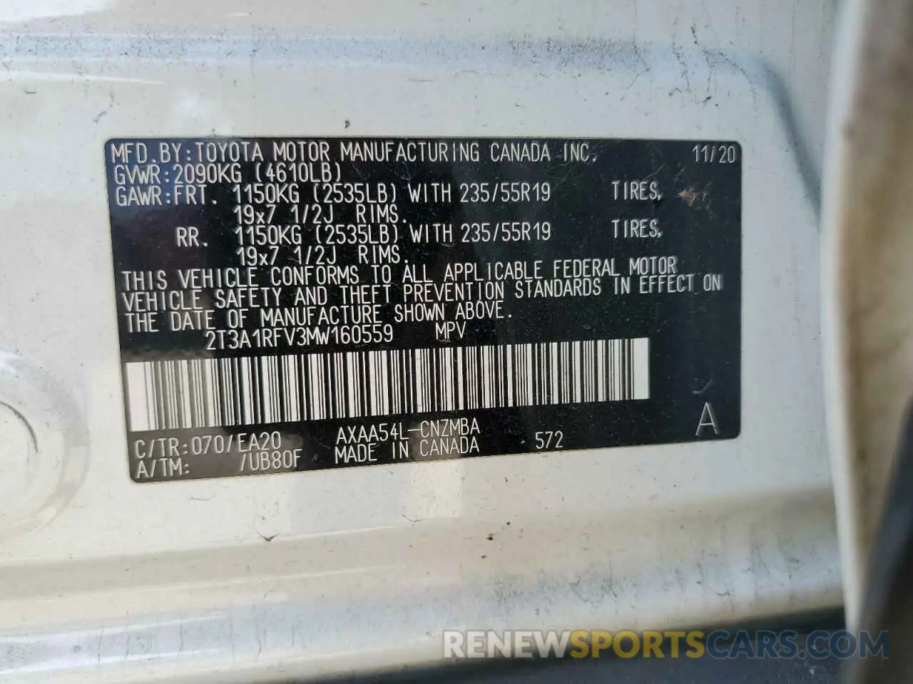 14 Photograph of a damaged car 2T3A1RFV3MW160559 TOYOTA RAV4 2021