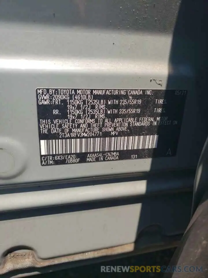 13 Photograph of a damaged car 2T3A1RFV3MW204771 TOYOTA RAV4 2021