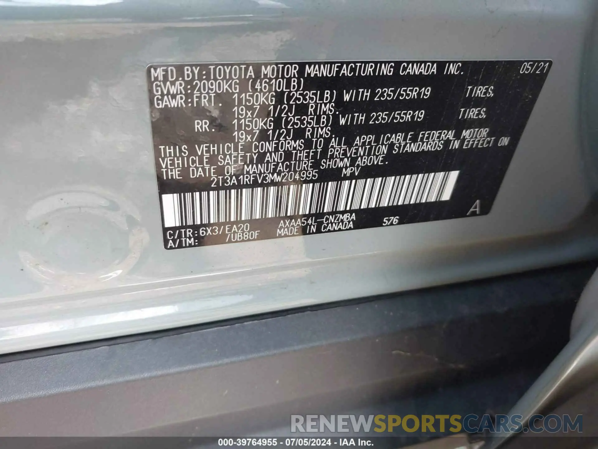 9 Photograph of a damaged car 2T3A1RFV3MW204995 TOYOTA RAV4 2021