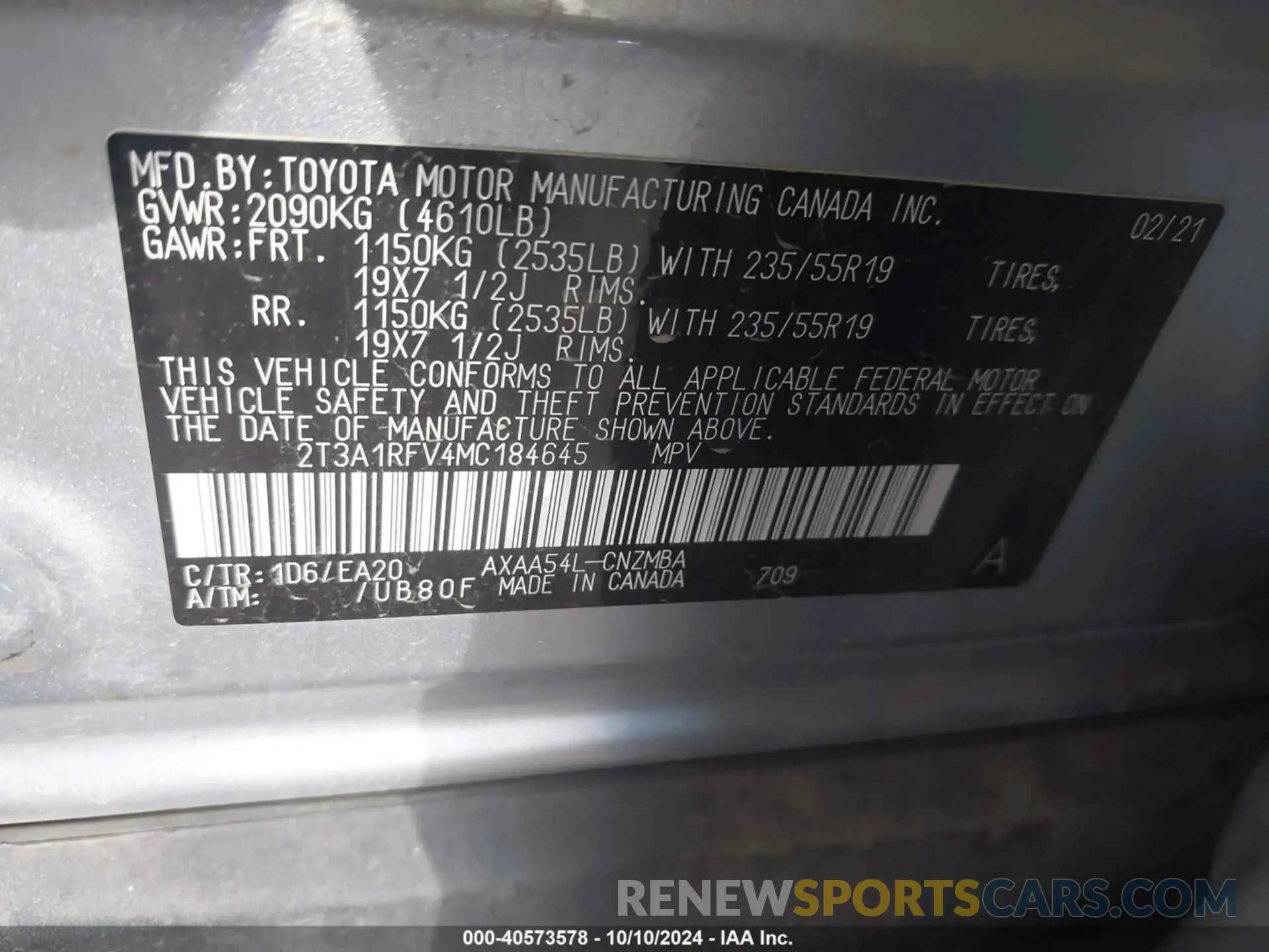 9 Photograph of a damaged car 2T3A1RFV4MC184645 TOYOTA RAV4 2021