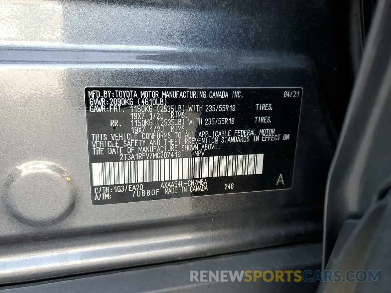 13 Photograph of a damaged car 2T3A1RFV7MC207416 TOYOTA RAV4 2021