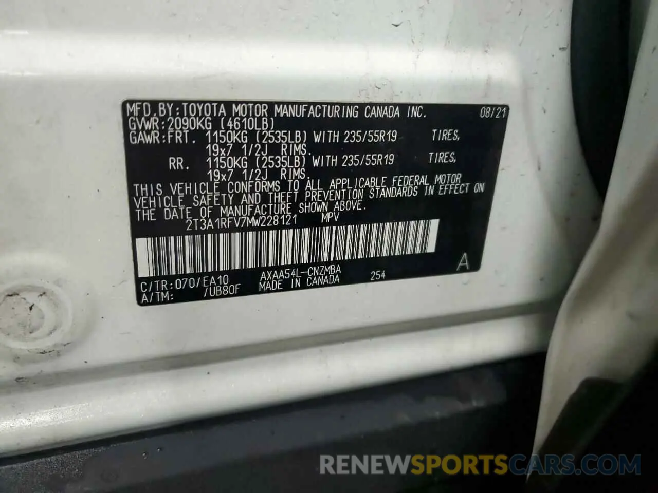 14 Photograph of a damaged car 2T3A1RFV7MW228121 TOYOTA RAV4 2021