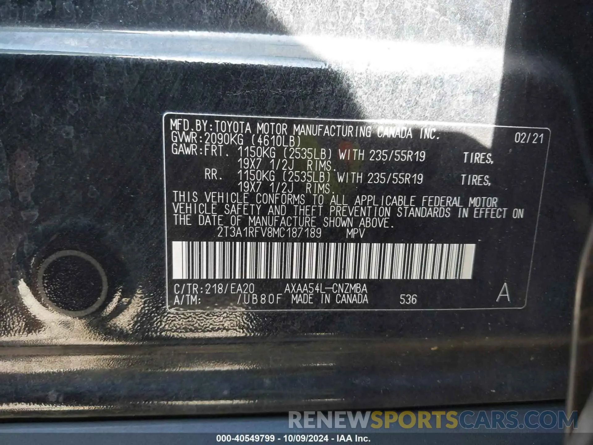 9 Photograph of a damaged car 2T3A1RFV8MC187189 TOYOTA RAV4 2021