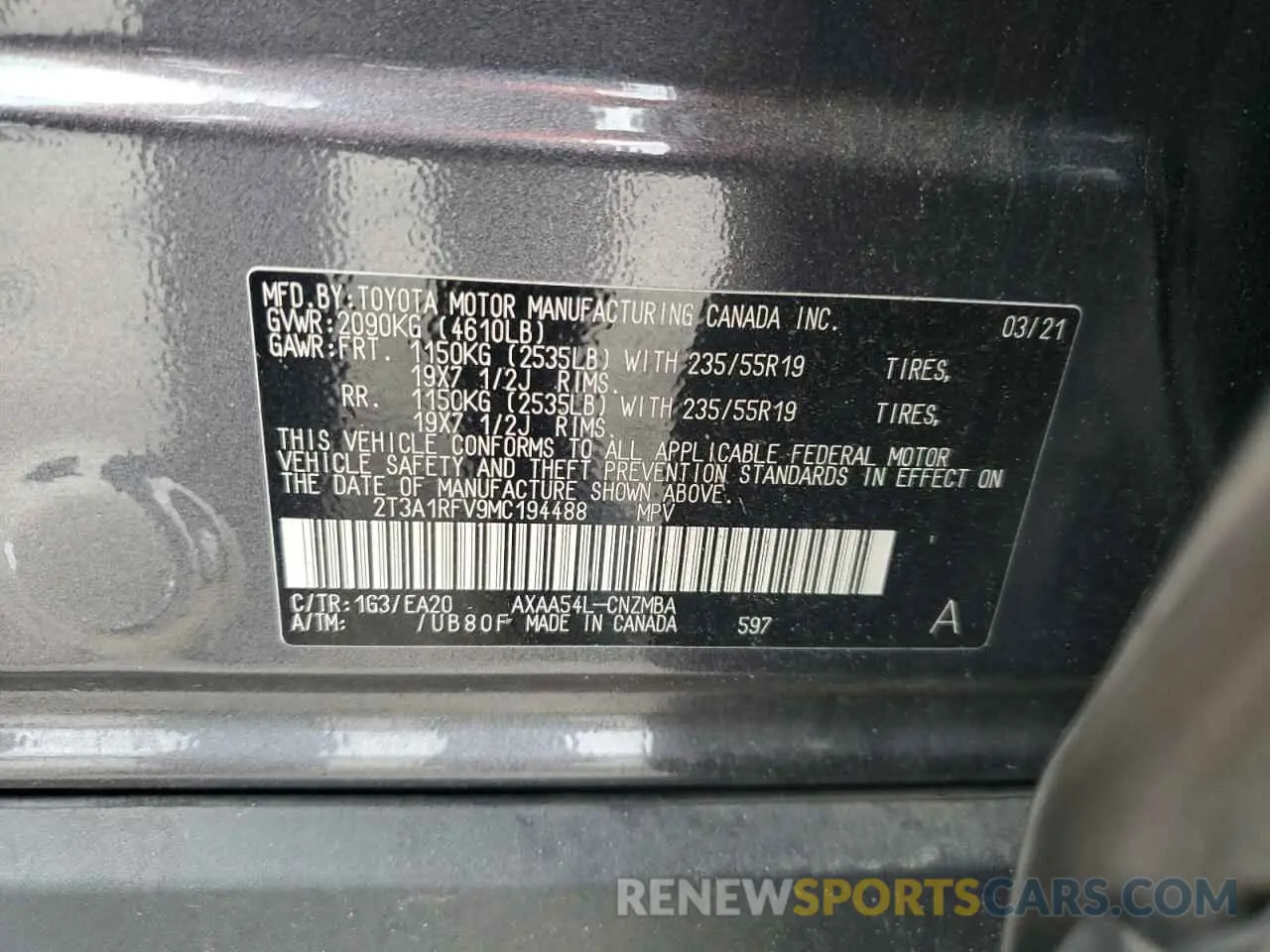 13 Photograph of a damaged car 2T3A1RFV9MC194488 TOYOTA RAV4 2021