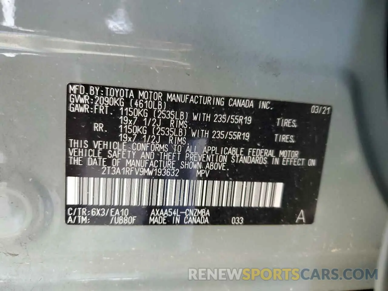13 Photograph of a damaged car 2T3A1RFV9MW193632 TOYOTA RAV4 2021