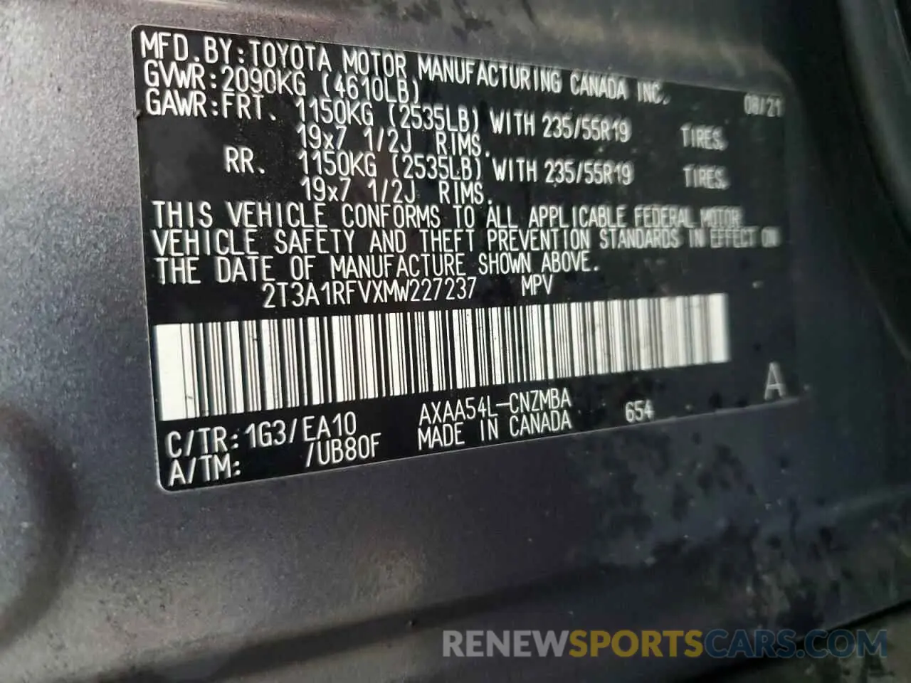 13 Photograph of a damaged car 2T3A1RFVXMW227237 TOYOTA RAV4 2021