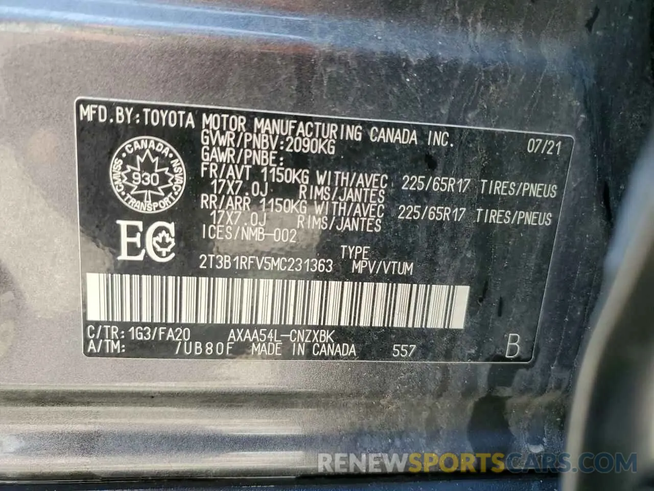 13 Photograph of a damaged car 2T3B1RFV5MC231363 TOYOTA RAV4 2021