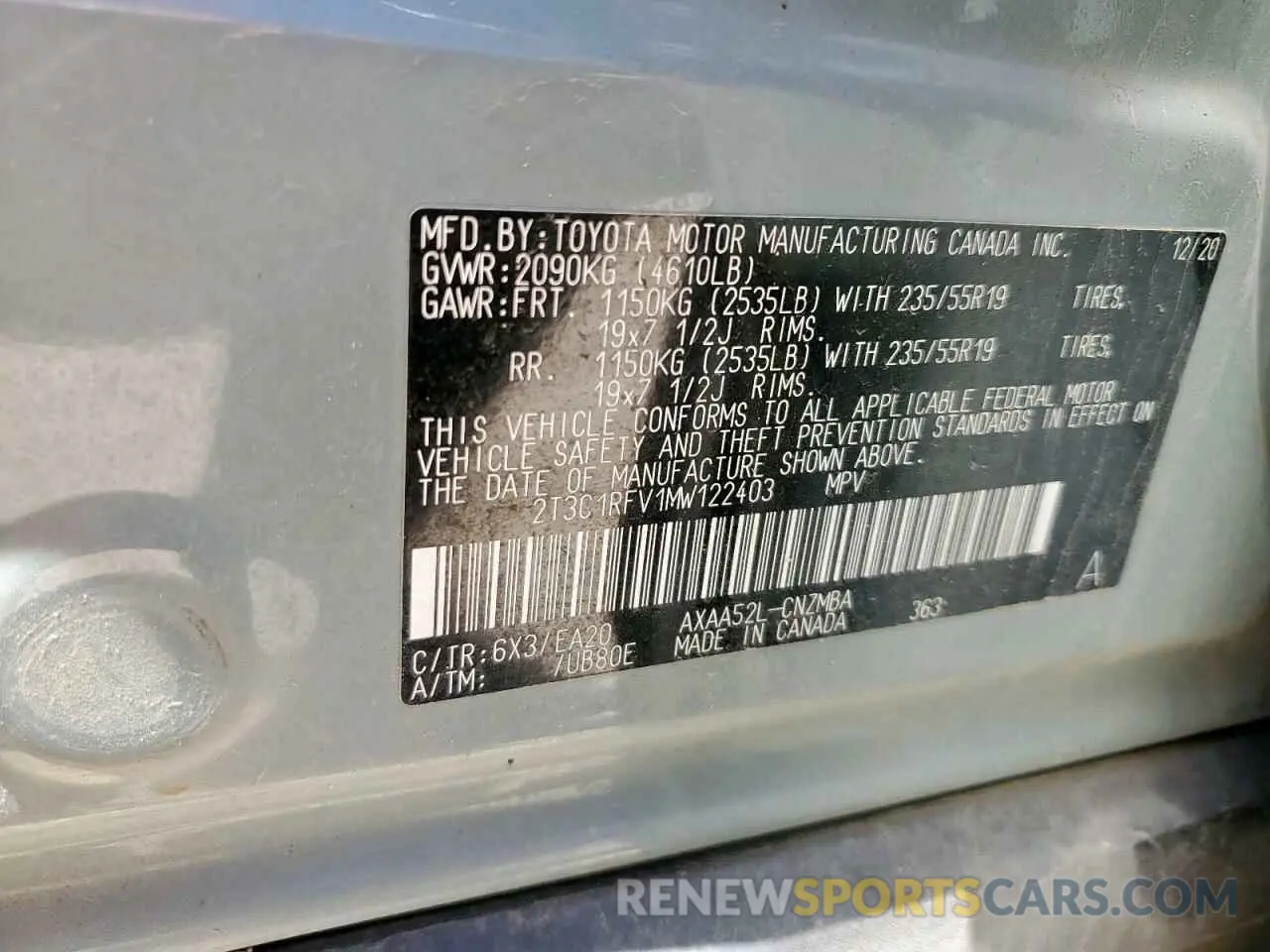 13 Photograph of a damaged car 2T3C1RFV1MW122403 TOYOTA RAV4 2021
