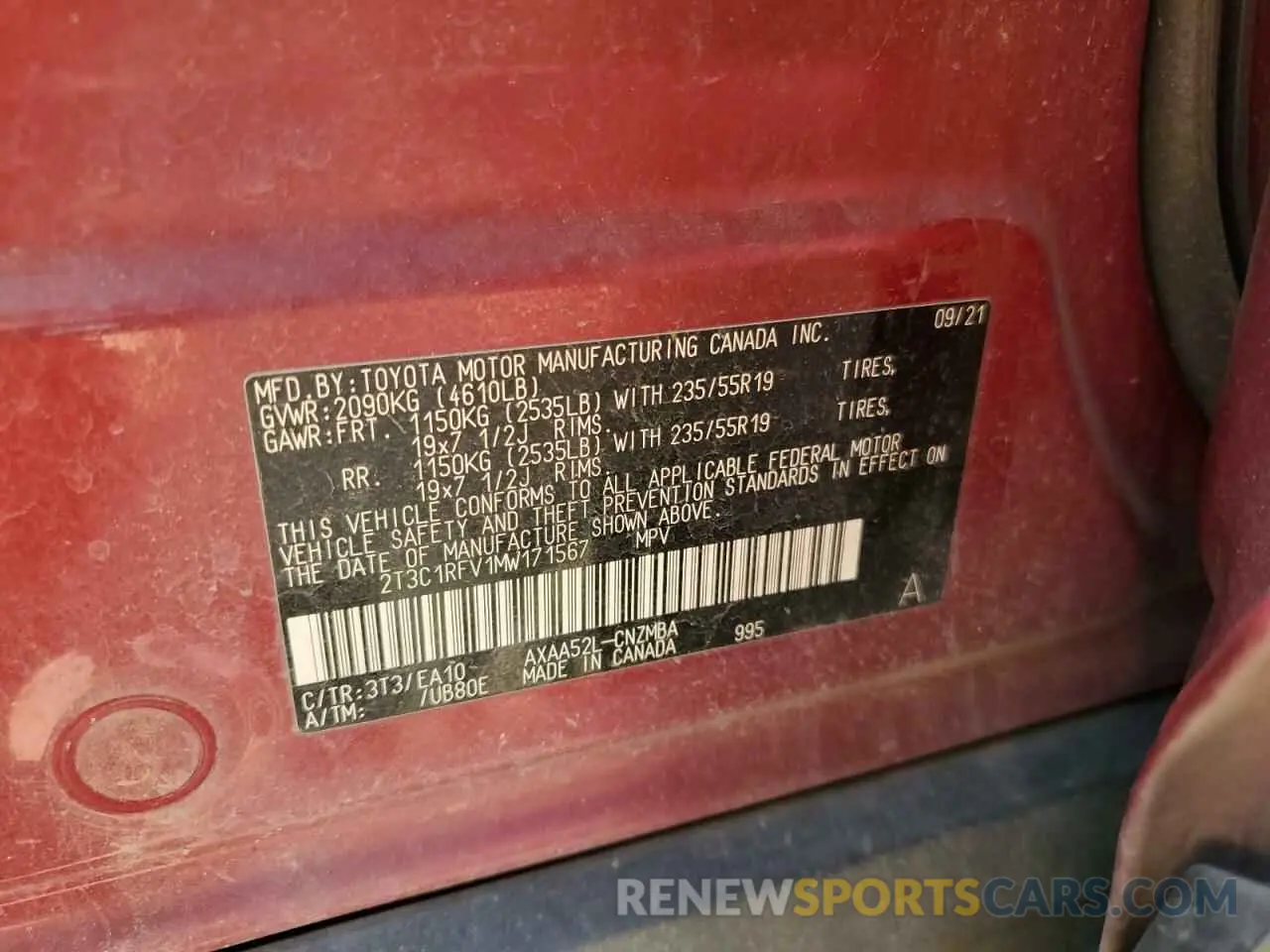 13 Photograph of a damaged car 2T3C1RFV1MW171567 TOYOTA RAV4 2021