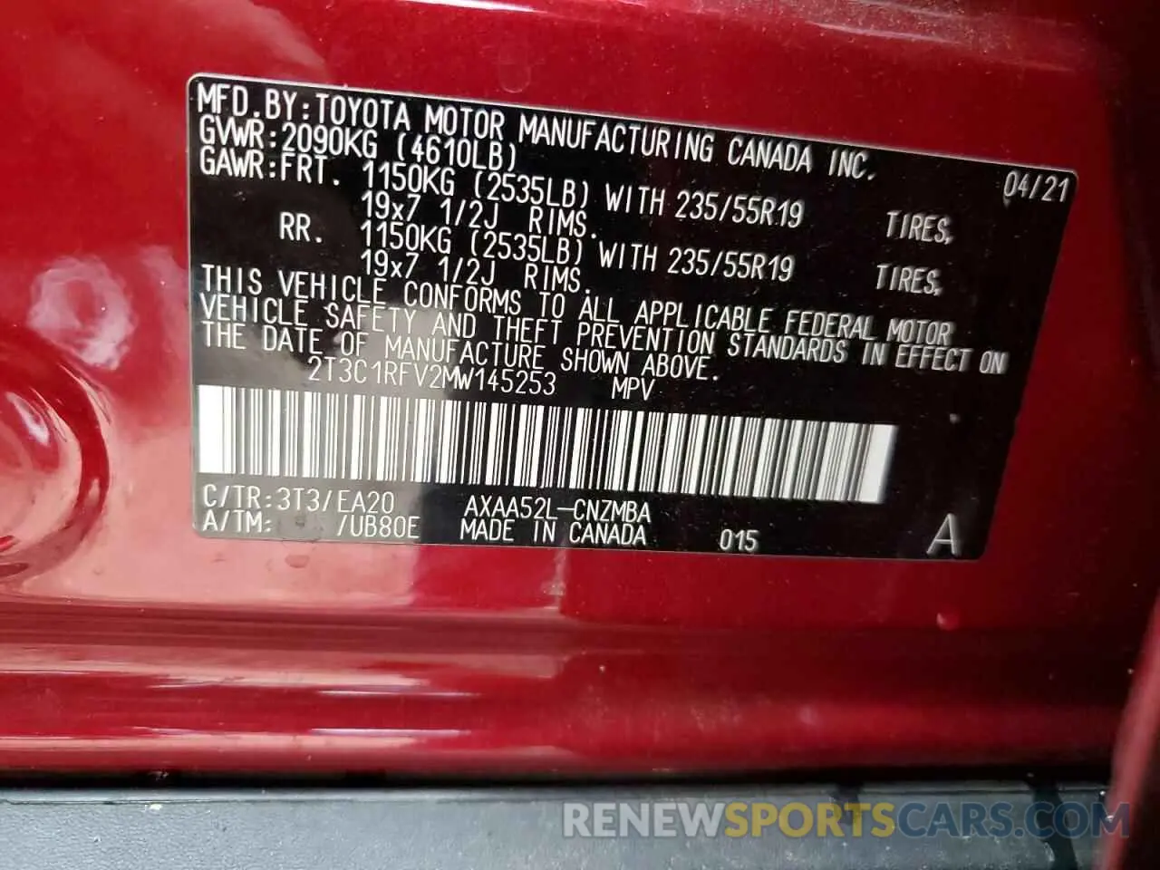 14 Photograph of a damaged car 2T3C1RFV2MW145253 TOYOTA RAV4 2021