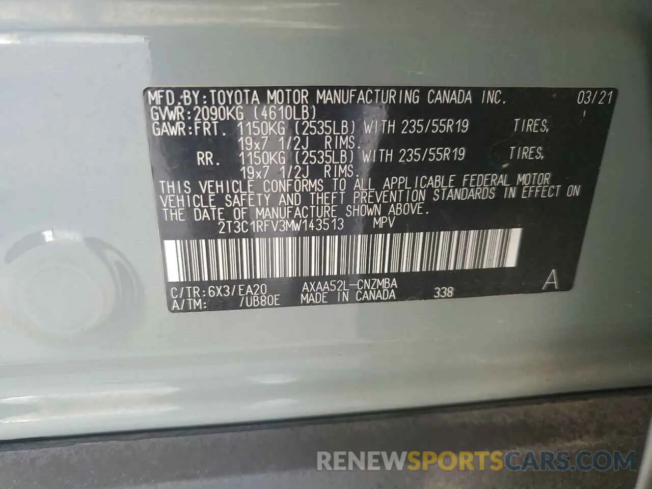 13 Photograph of a damaged car 2T3C1RFV3MW143513 TOYOTA RAV4 2021