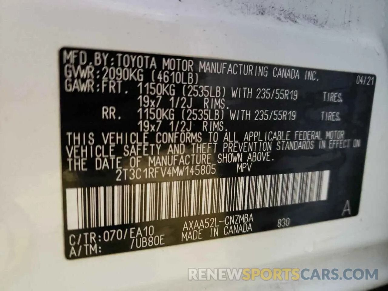 13 Photograph of a damaged car 2T3C1RFV4MW145805 TOYOTA RAV4 2021