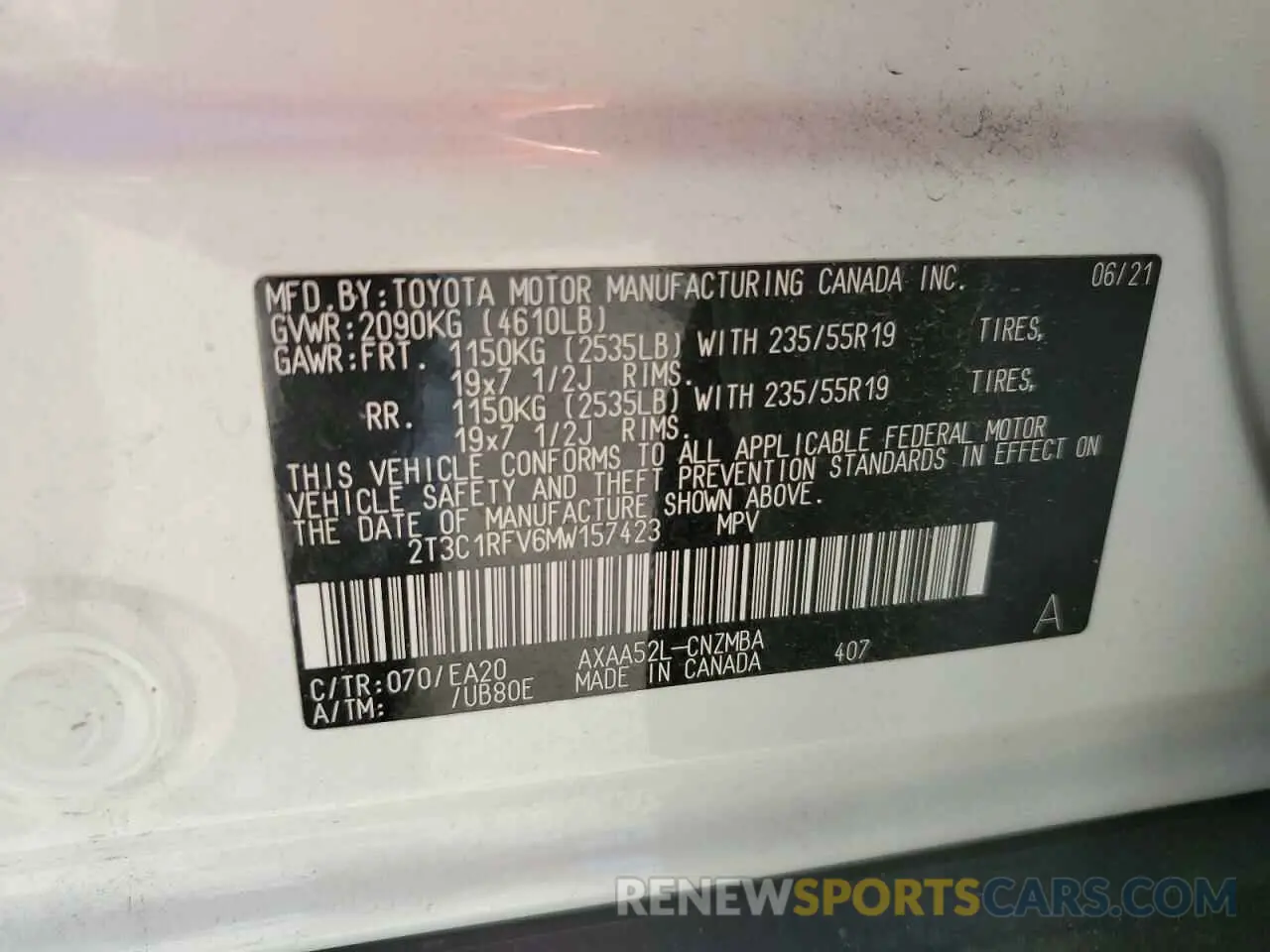 13 Photograph of a damaged car 2T3C1RFV6MW157423 TOYOTA RAV4 2021