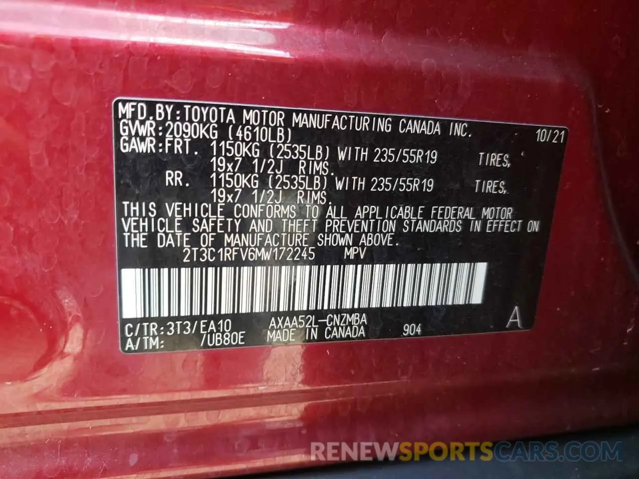 10 Photograph of a damaged car 2T3C1RFV6MW172245 TOYOTA RAV4 2021