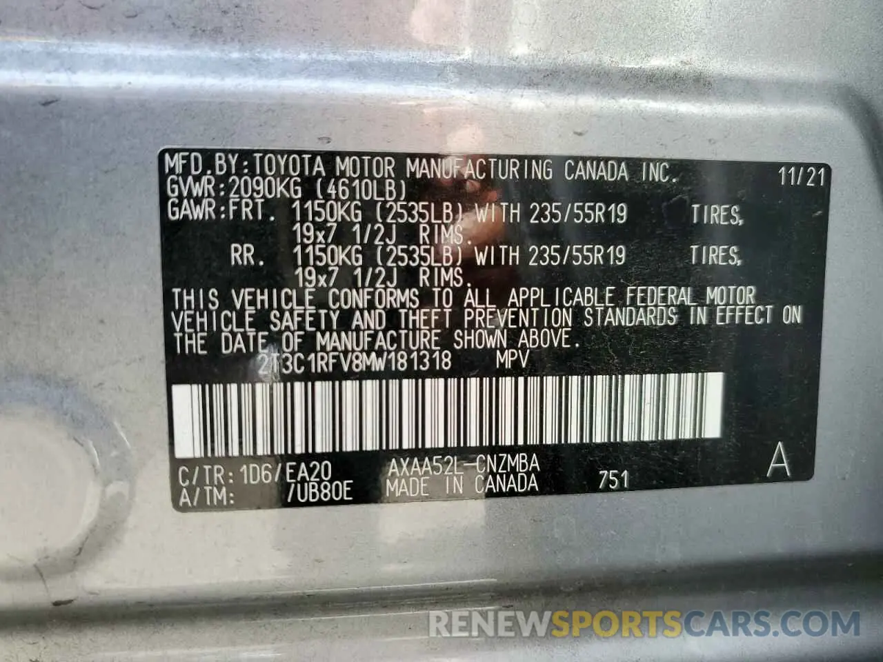 10 Photograph of a damaged car 2T3C1RFV8MW181318 TOYOTA RAV4 2021