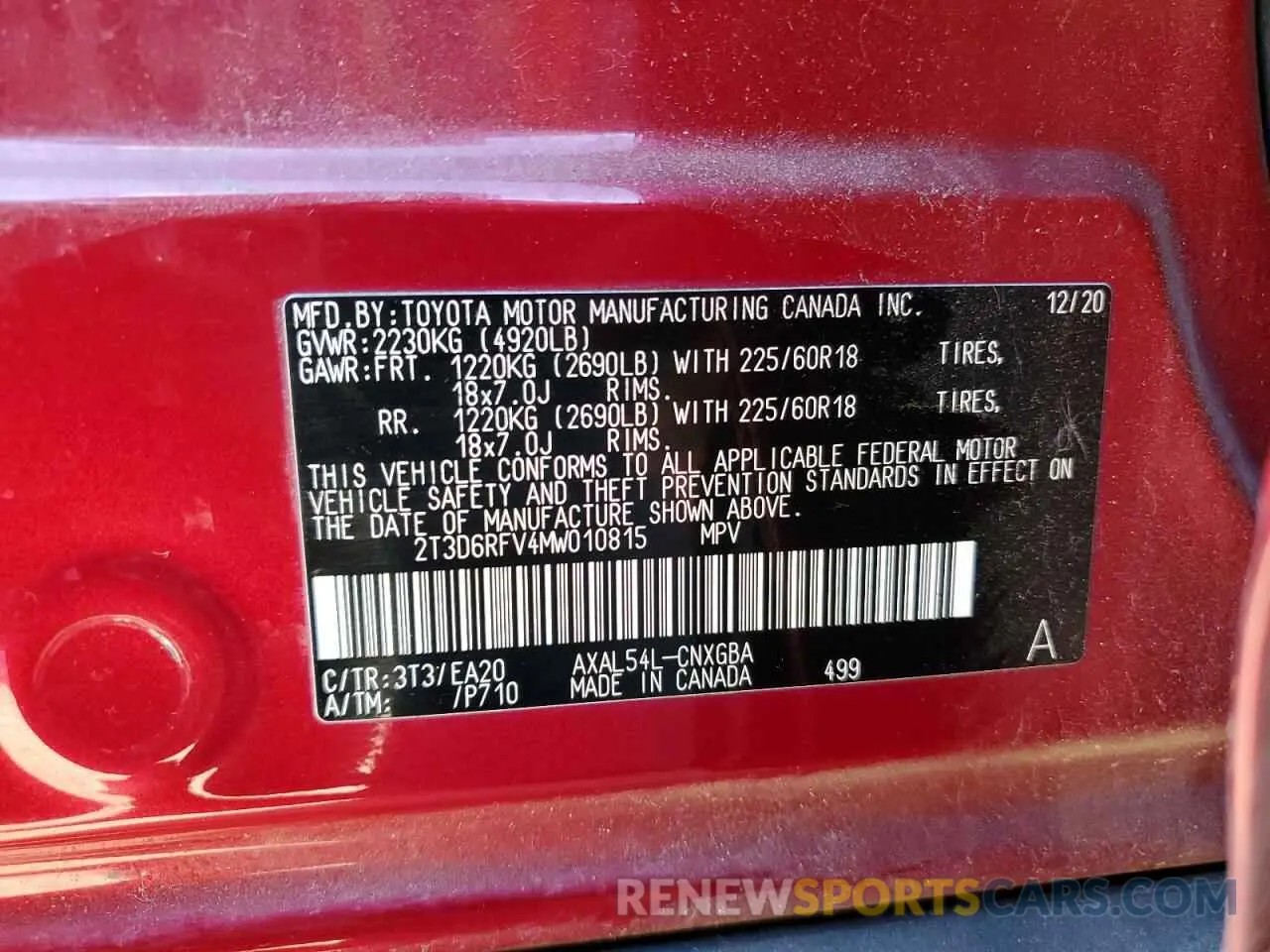 12 Photograph of a damaged car 2T3D6RFV4MW010815 TOYOTA RAV4 2021
