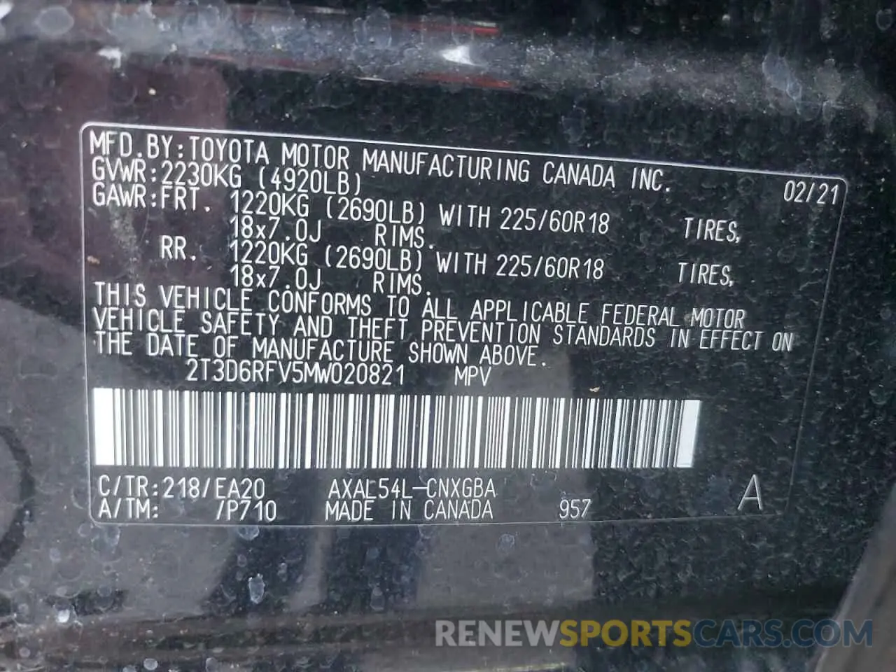 13 Photograph of a damaged car 2T3D6RFV5MW020821 TOYOTA RAV4 2021