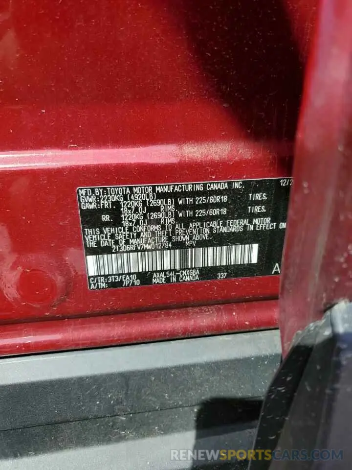 13 Photograph of a damaged car 2T3D6RFV7MW012784 TOYOTA RAV4 2021