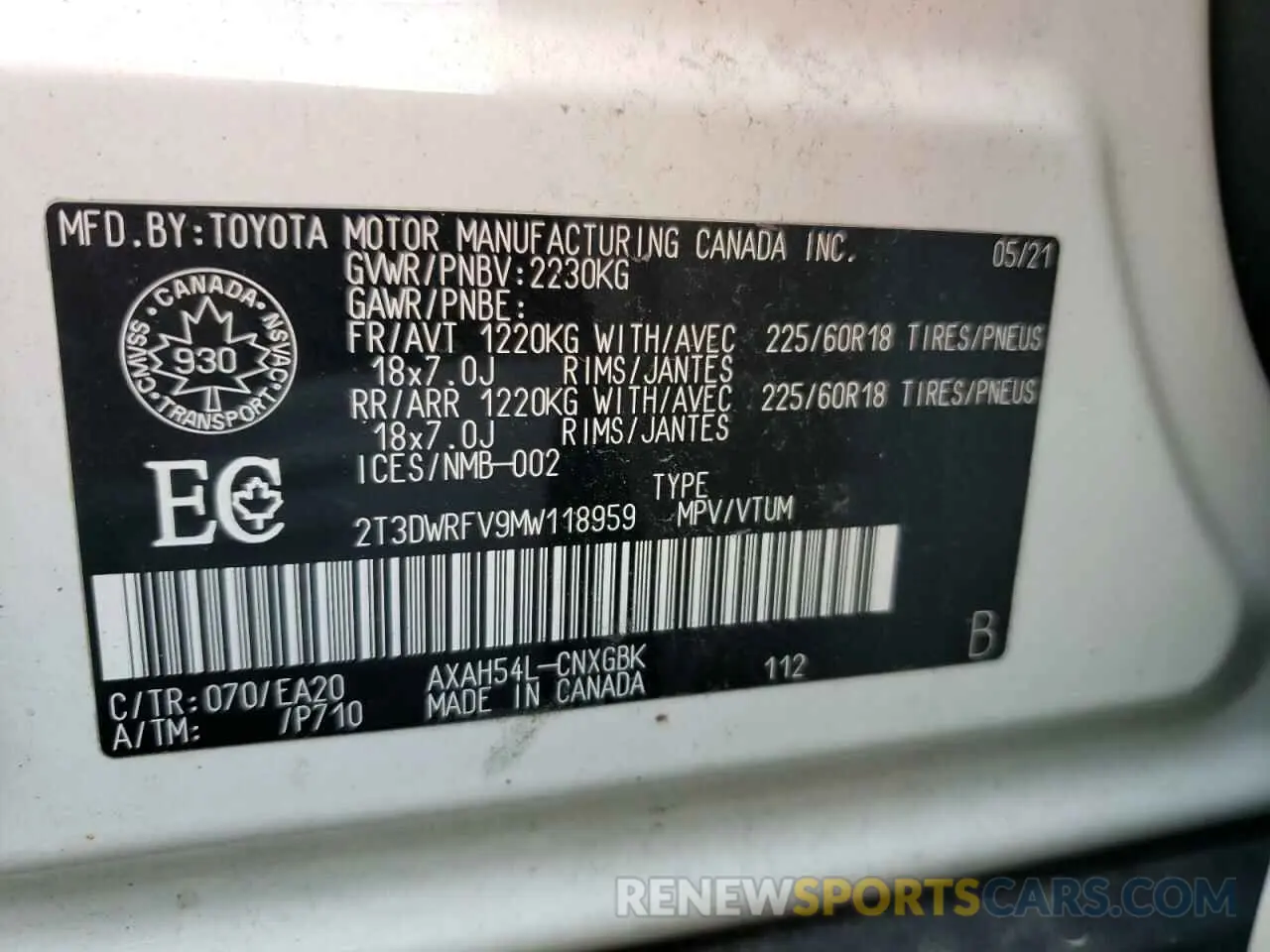 14 Photograph of a damaged car 2T3DWRFV9MW118959 TOYOTA RAV4 2021